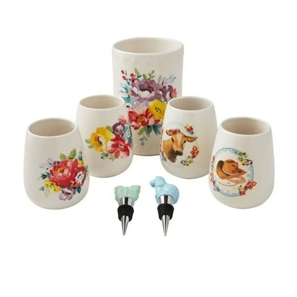 Pioneer Woman Sweet Rose Stoneware Wine Set Chiller 4 Cups 2 Stoppers 7-Pc Gift